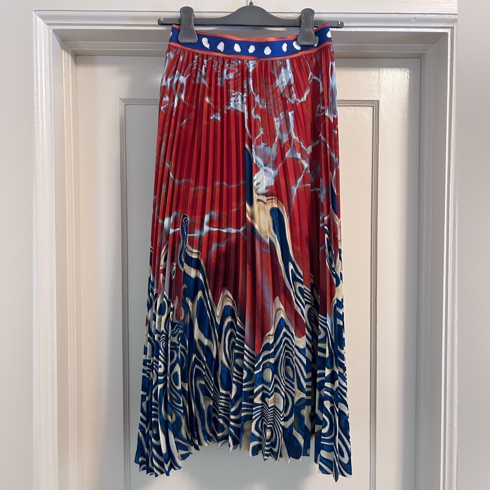 Stella Jean Red and Blue Pleated Abstract Midi Skirt